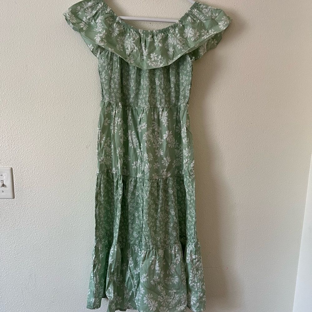 Madison Gray Green White Floral Summer Dress, 100% Cotton,  Size S